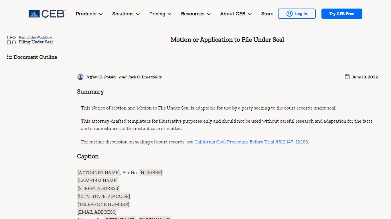 Motion or Application to File Under Seal - Practitioner - CEB